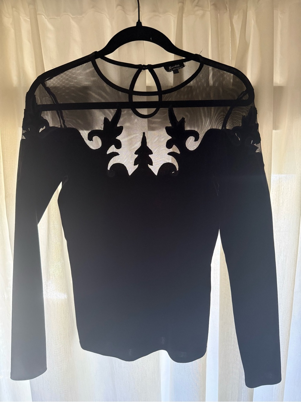 Bardot Black Long Sleeve Velvet Mesh Yoke Top with Appliqué